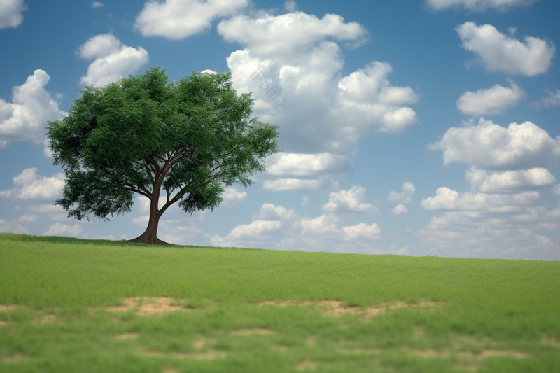 户外室外蓝天白云草坪远处一颗树实拍摄影图,高清,摄影图,摄影图片,图片大全,摄影图免费下载